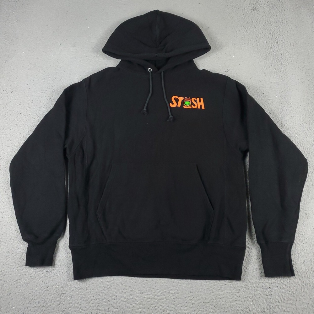 Champion Mens Medium Black Reverse Weave Hoodie Stash Graphic Pullover Sweater